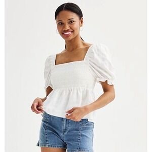 Dizzy Lizzy White Smocked Puff Sleeve Peplum Top Size M